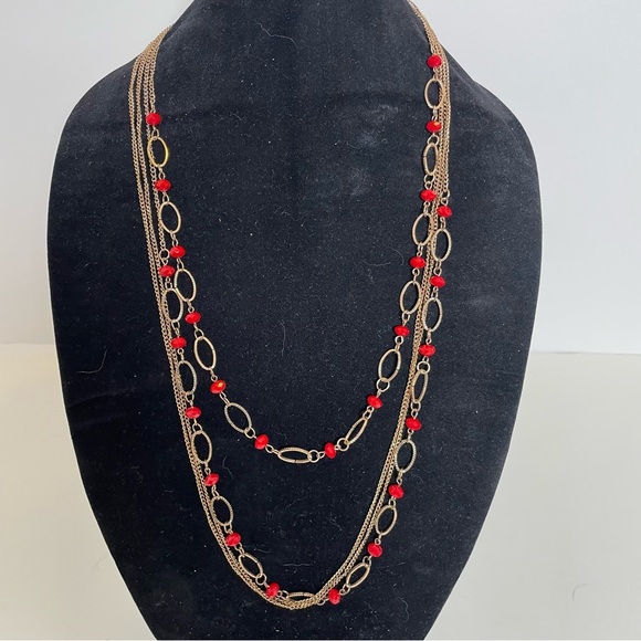 Vintage Red Bead and Antiqued Gold Tone Necklace - Picture 1 of 6